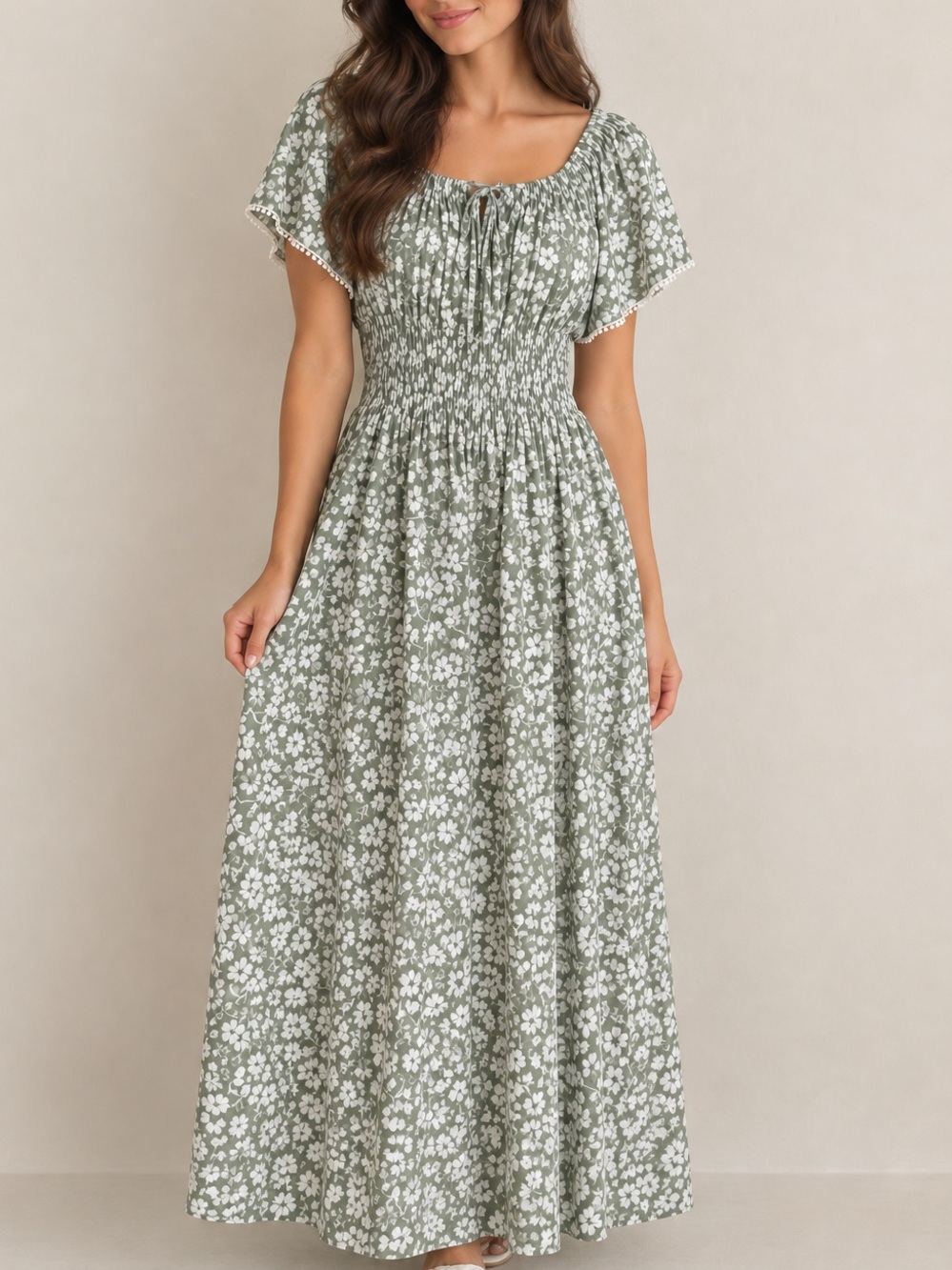 Kindred Green Smocked-Waist Floral Maxi Dress